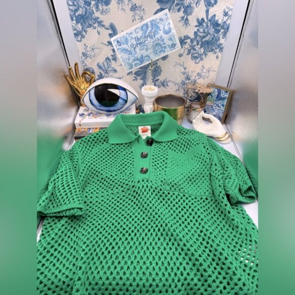 🆕 FARM Rio 🧿 NWOT Kelly Green Crochet Collared Polo, Sz L - Picture 2 of 14